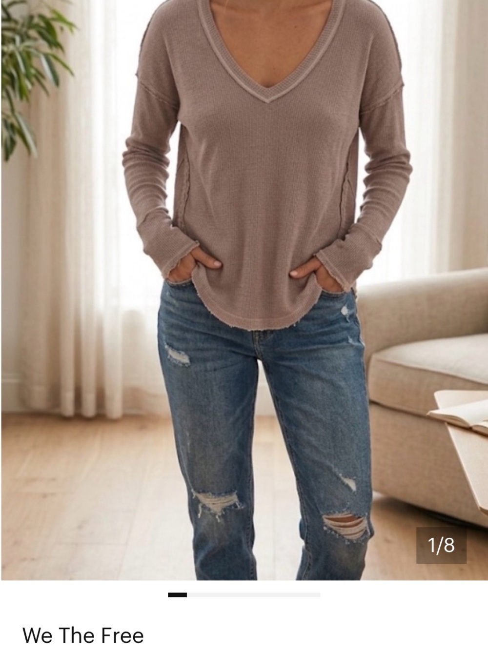 We The Free Taupe V-Neck Waffle Knit Pullover
